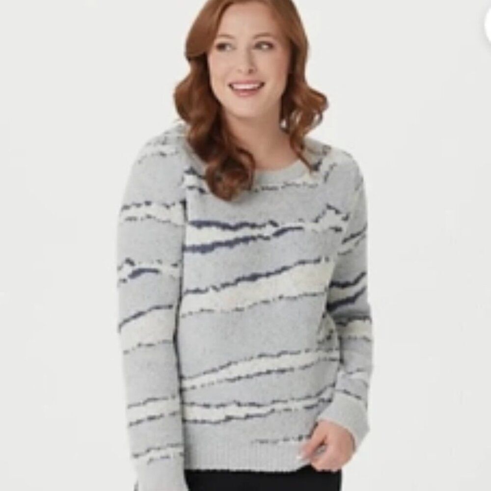 NWT Barefoot Dreams Seaside Crew-Neck Pullover Sweater Ocean Zebra in Size L